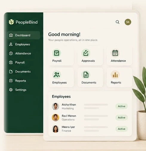 The PeopleBind app: a greeting, shortcuts to payroll, approvals, attendance, employees, documents and reports, and a list of employees marked active.