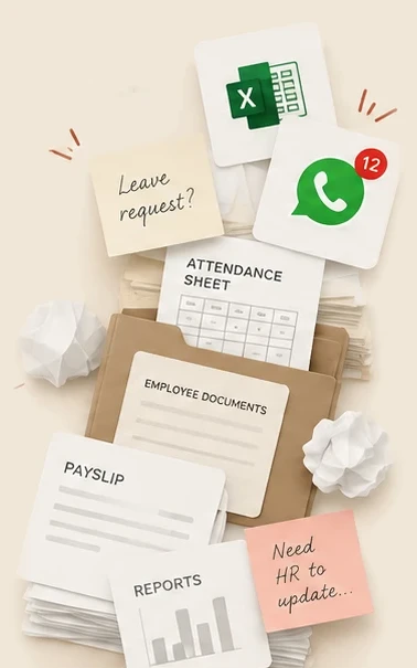 A pile of spreadsheets, a WhatsApp thread, paper forms and sticky notes: leave request?, attendance sheet, employee documents, payslip, reports, and a note reading Need HR to update.