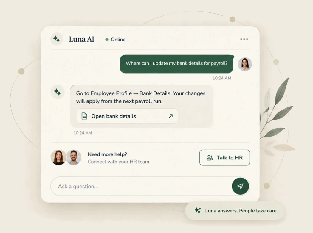 Luna AI in the company chat. An employee asks where to update bank details for payroll; Luna answers with the steps and a button that opens the bank details page. Below, a prompt to talk to HR if they need more help.