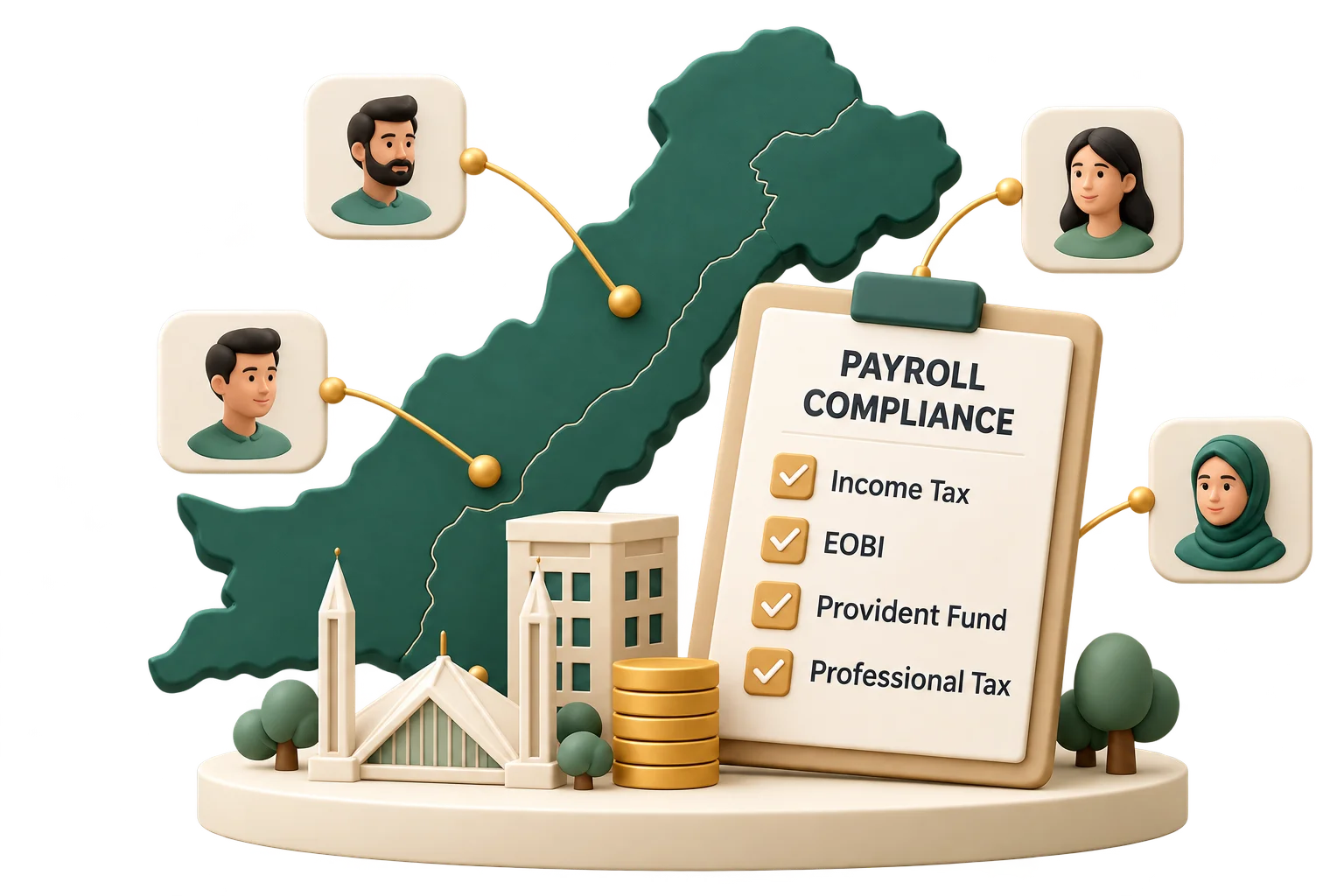 Payroll compliance checklist for income tax, EOBI, Provident Fund and professional tax, on a map of Pakistan.