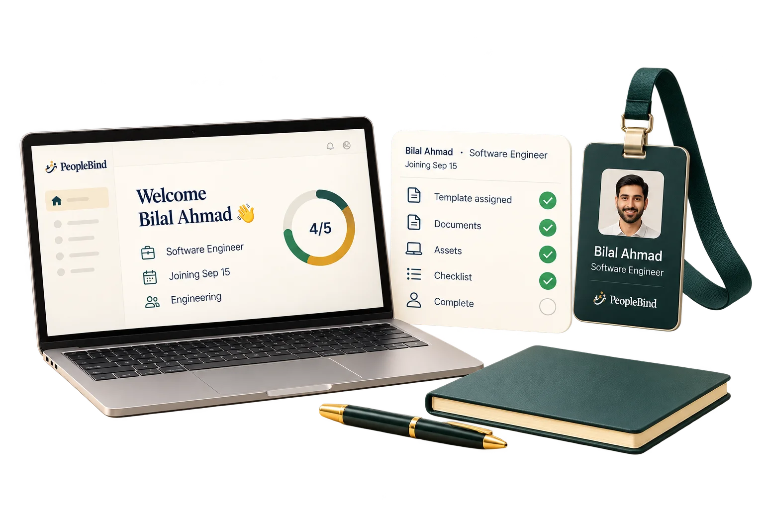 Welcome screen for a new hire with a checklist of assigned tasks. Sample names.