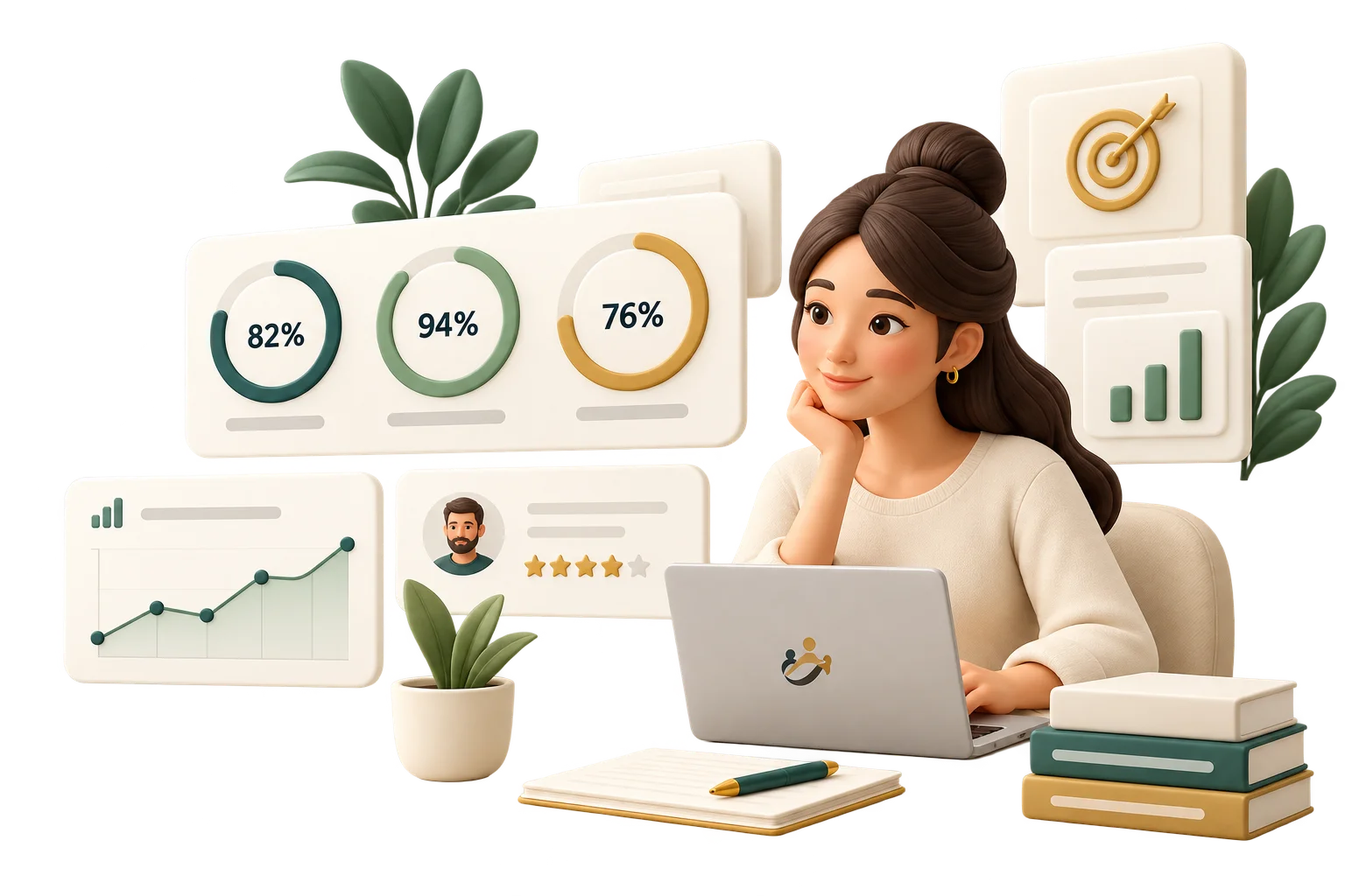 Performance dashboard with productivity, goals and attendance rings, a trend chart and review feedback. Sample figures.